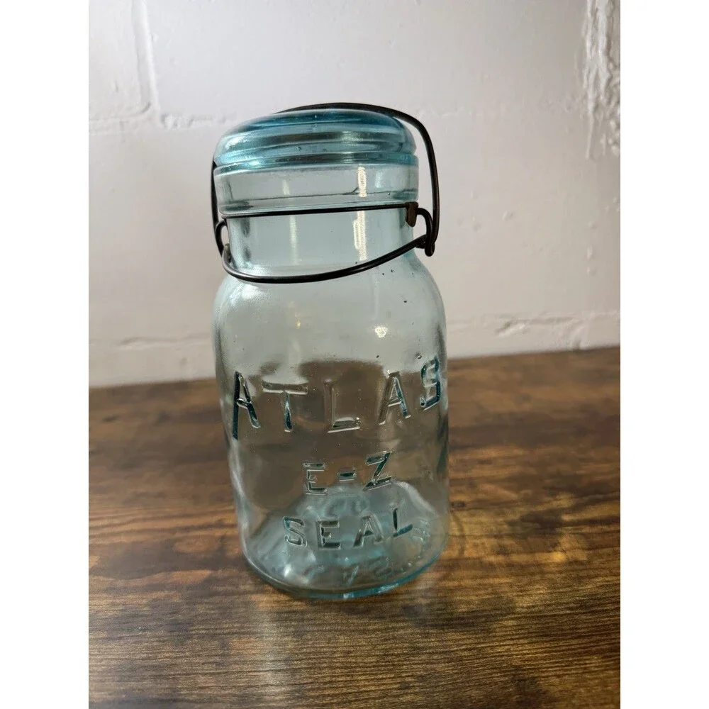Antique Atlas E-Z Seal Aqua Blue Glass Canning Jar Wire Bail Glass Lid